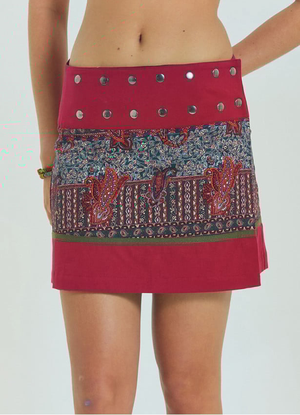 Snap Closure Patchwork Wrap Green Ethnic Skirt 4671
